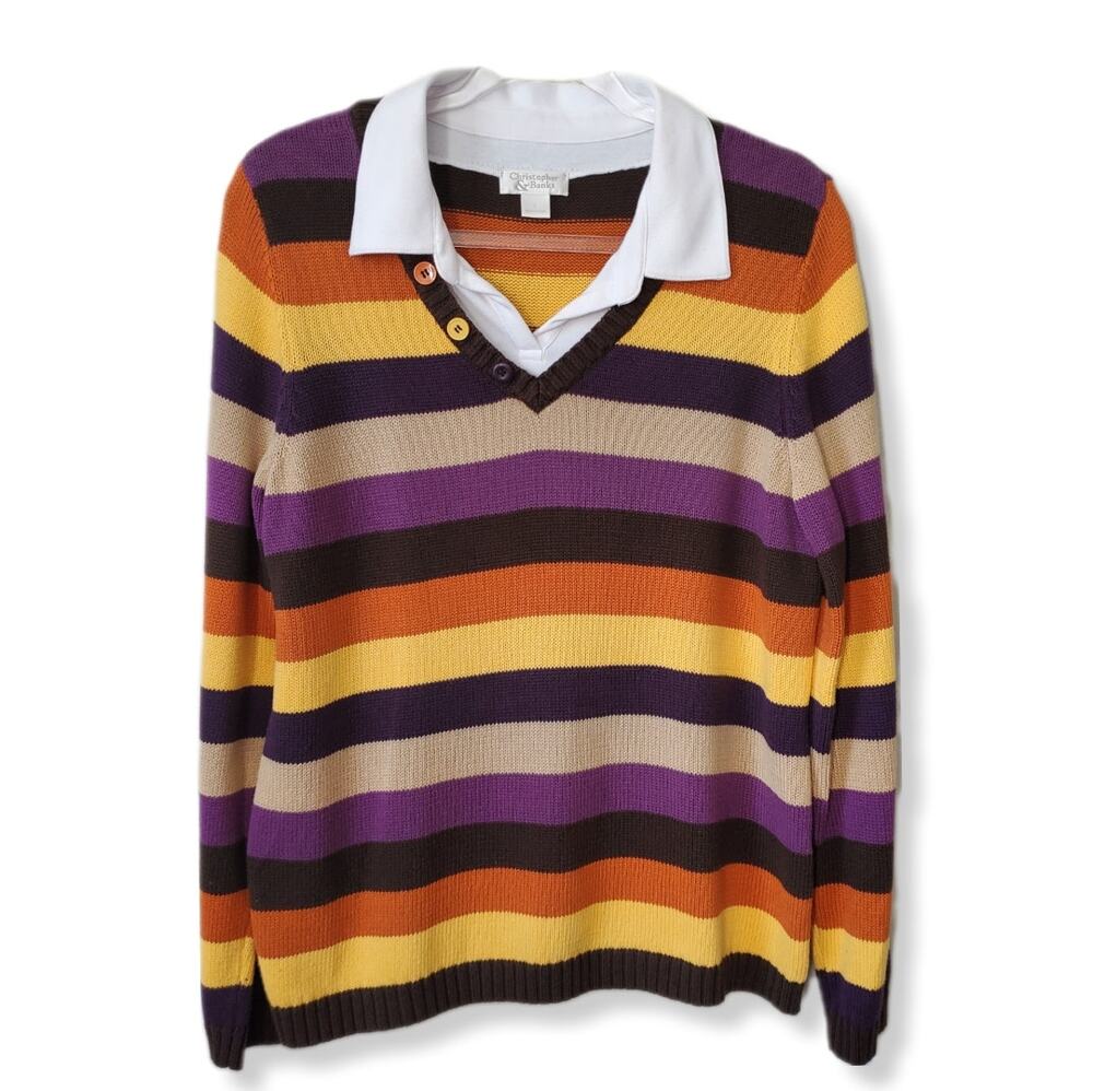 VTG 80s Stripe Sweater L Candy Corn Fall Goblincore Multicolor Layered Normcore